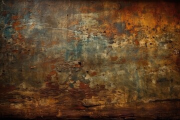 weathered metal wall with a textured painting in brown and blue hues. Generative AI