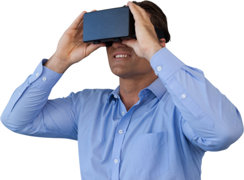 Smiling businessman in blue shirt wearing vr glasses - Powered by Adobe