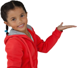 Portrait of smiling girl gesturing against white background
