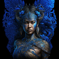 indonesian, ancient, goddess, artistic, muscular, aesthetic, blue, red, gold, brown, ornaments, aura, javanese, hindu, politheism, ai generative