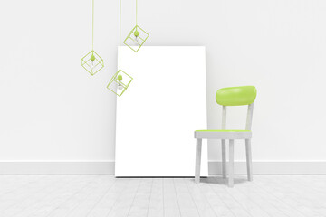 Green chair by blank whiteboard against wall 