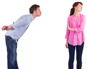 Woman stopping man from kissing 