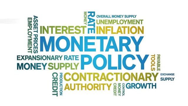 Monetary Policy animated tag word cloud;text design animation kinetic typography seamless loop.