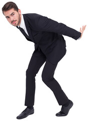 Businessman carrying something with his back and hands