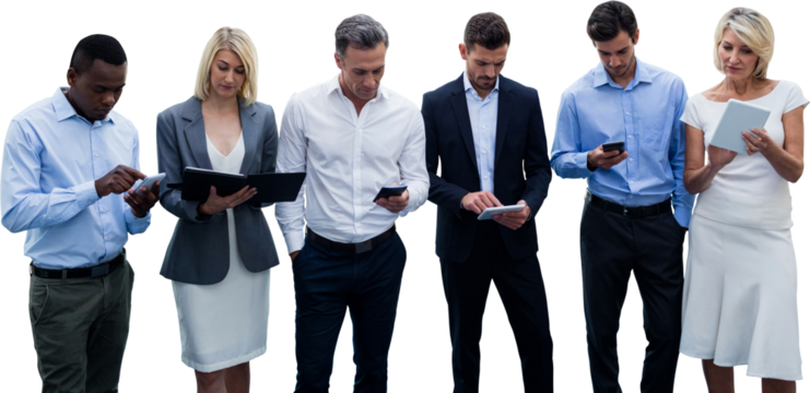 Business people using wireless technology against white background