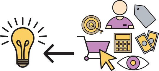 Various icons pointing towards light bulb