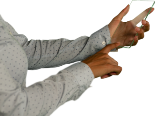 Mid section of woman touching glass sheet