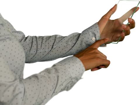 Mid section of woman touching glass sheet