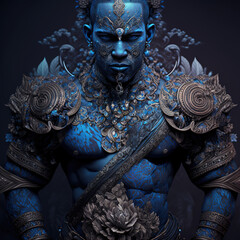  indonesian, ancient, god, artistic, muscular, aesthetic, blue, red, gold, brown, ornaments, aura, javanese, hindu, politheism, ai generative