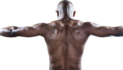 Rear view of muscular athlete with arms outstretched