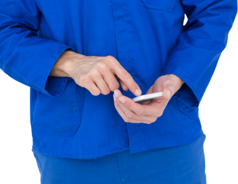 Mechanic text messaging on cell phone