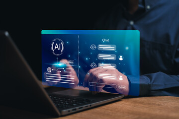 Chatbot Chat with AI Artificial Intelligence concept,Businessman chatting with Ai,Technology created in the future world and popular communication around the world,Futuristic technology transformation