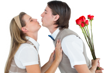 Geeky hipster holding roses and giving a kiss to his girlfriend