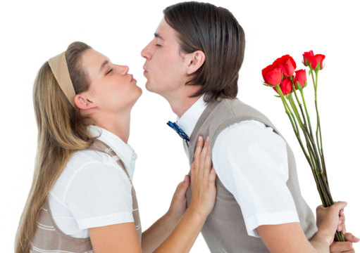 Geeky hipster holding roses and giving a kiss to his girlfriend 