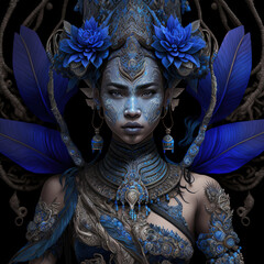 indonesian, ancient, goddess, artistic, muscular, aesthetic, blue, red, gold, brown, ornaments, aura, javanese, hindu, politheism, ai generative