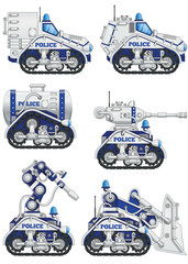 A set of police robots. Side view. Isolated on white background. Vector illustration.