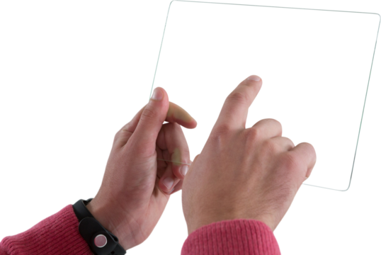 Close-up of man using glass digital tablet