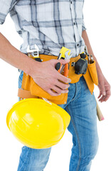 Technician with tool belt around waist and hard hat