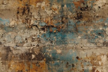 weathered wall with peeling blue and brown paint. Generative AI