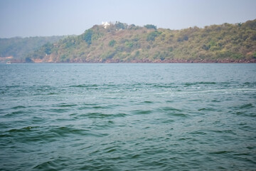 Naklejka premium Amazing view of Arabian sea during the day time in Goa, India, Ocean view from wooden boat