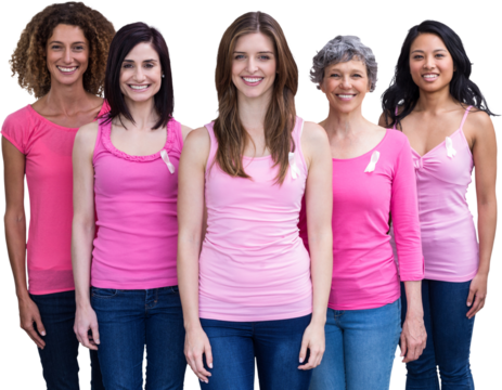 Portrait of confident females in pink outfits posing for breast cancer awareness
