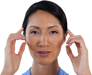 Close up portrait of businesswoman adjusting invisible eyeglasses