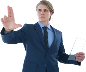 Confident businessman holding glass interface while touching imaginary screen