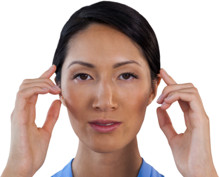 Close up portrait of businesswoman adjusting invisible eyeglasses