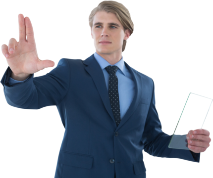 Confident businessman holding glass interface while touching imaginary screen