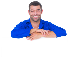 Smiling handyman with blank billboard