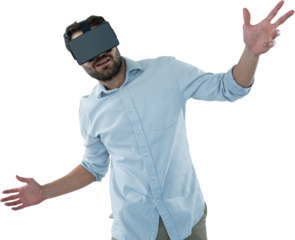 Happy man using oculus rift headset