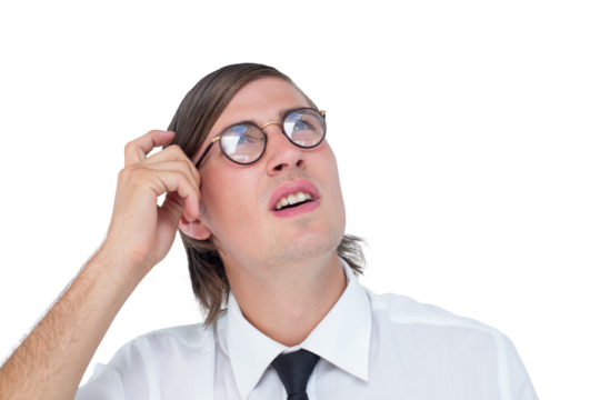 Thoughtful geeky businessman scratching his head - Powered by Adobe