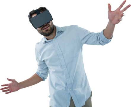 Happy man using oculus rift headset