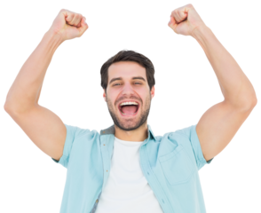 Happy casual man cheering at camera