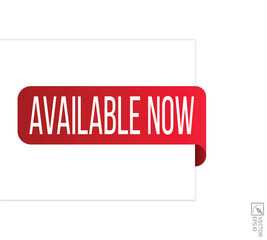Available now message on ribbon banner. Vector illustration.