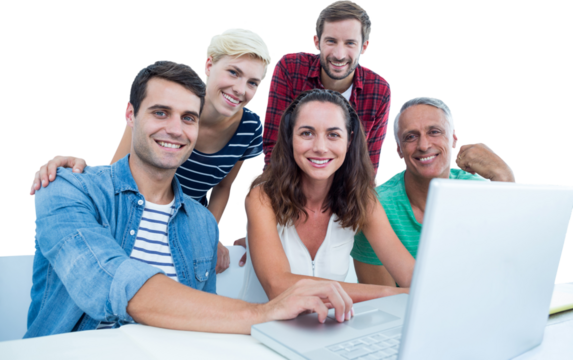 Creative business team using laptop in meeting