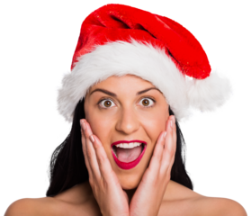Surprised woman wearing santa hat
