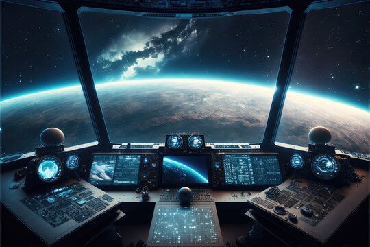 Outer view of spaceship window with control system room. Abstract discover new planet in space. Finest generative AI.