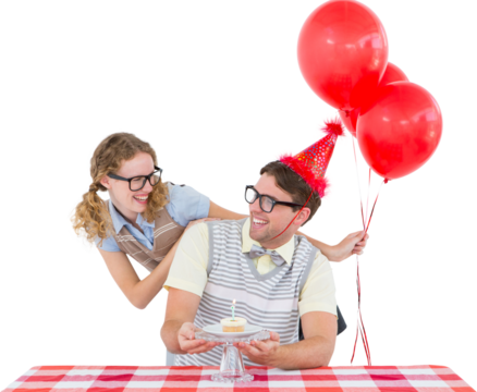 Geeky hipster couple celebrating his birthday 