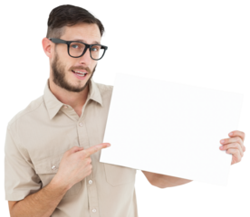 Geeky hipster pointing at poster