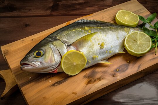 Raw dorado fish on cutting board on the table.backgro