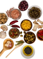 Fototapeten Olives with spice and corns with oil in bowl © vectorfusionart