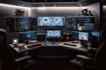 a computer room with multiple monitors on the wall and two monitors on the desks in front of the monitor screen. Generative AI