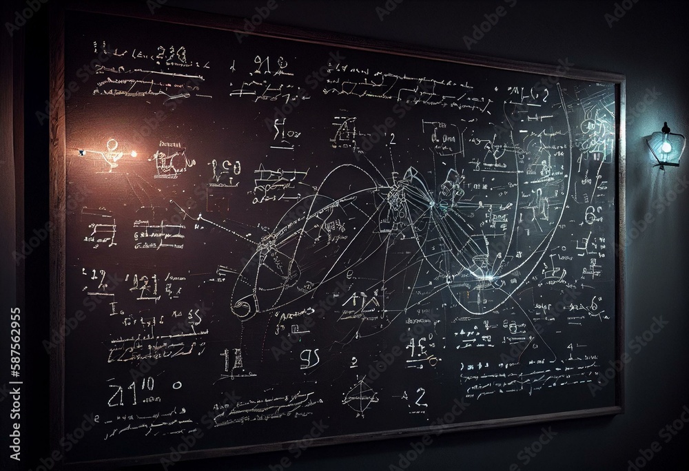 Wall mural wide blackboard inscribed with scientific formulas and calculations in physics, mathematics and elec