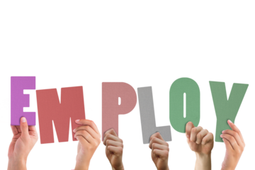 Colorful alphabet spelling employ held up by people 