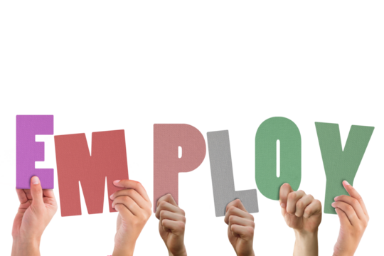 Colorful alphabet spelling employ held up by people  - Powered by Adobe