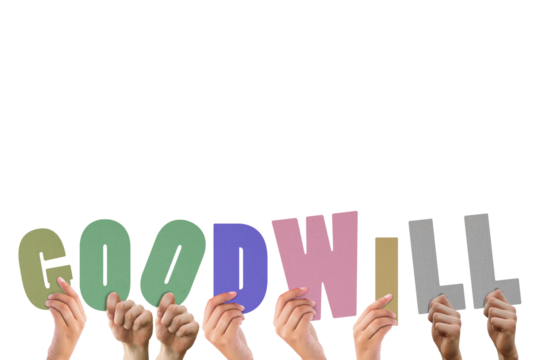 Cropped hands holding colorful word goodwill 