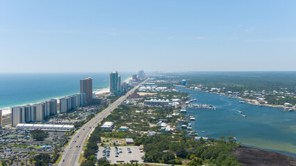Aerial view of Orange Beach, Alabama on a sunny March Day in 2023