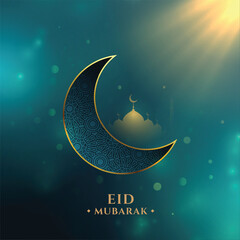 Fototapeta beautiful eid mubarak wishes background with half moon and light effect obraz