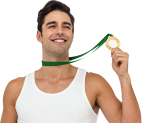 Athlete posing with gold medals around his neck